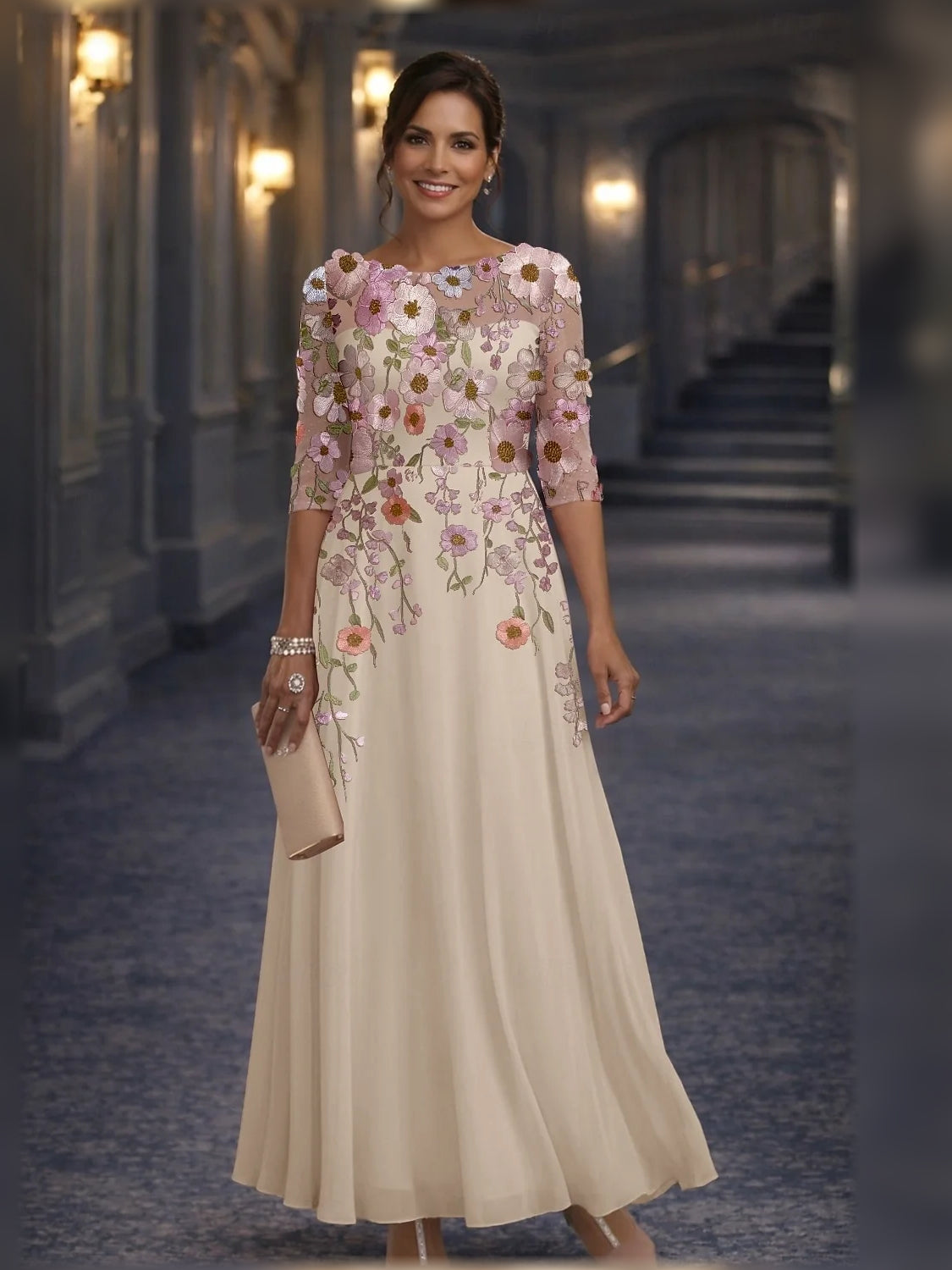 Front view of champagne floral embroidered A-line maxi chiffon dress, 3/4 sleeves