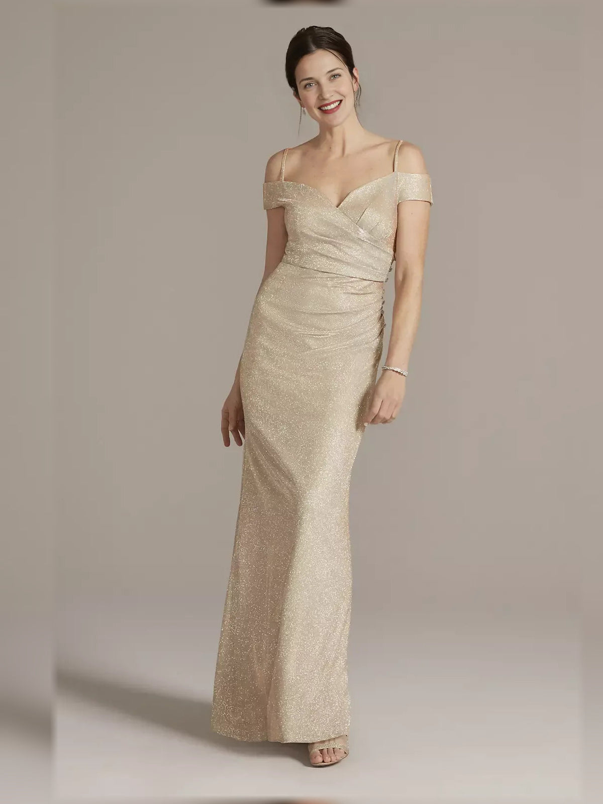 Champagne off-shoulder ruched sheath dress, floor-length glitter sparkle