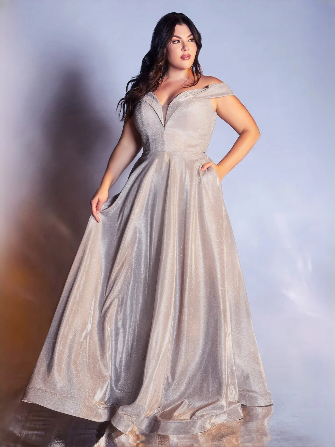 Champagne satin V-neck A-line prom dress, draped bodice, cap sleeves, floor length