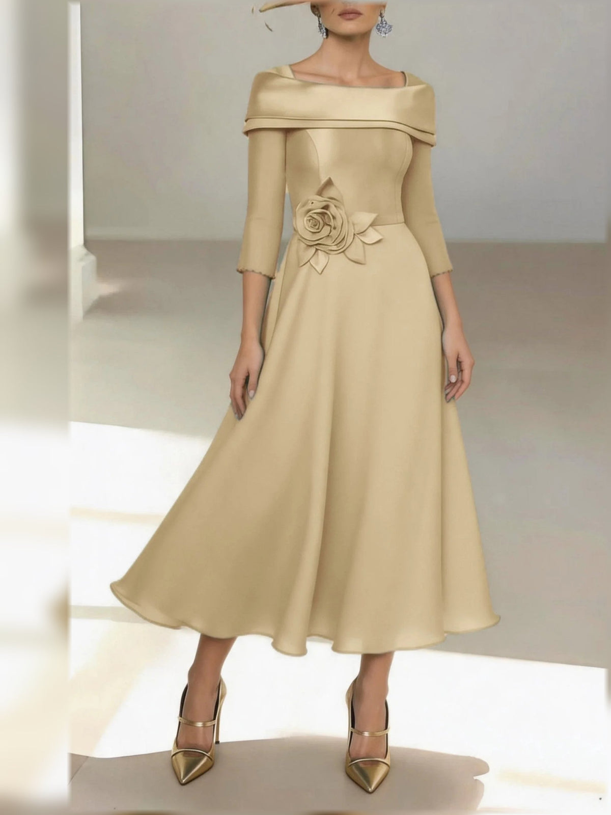 Champagne satin A-line midi dress with off-shoulder drape, 3/4 sleeves, floral rose applique