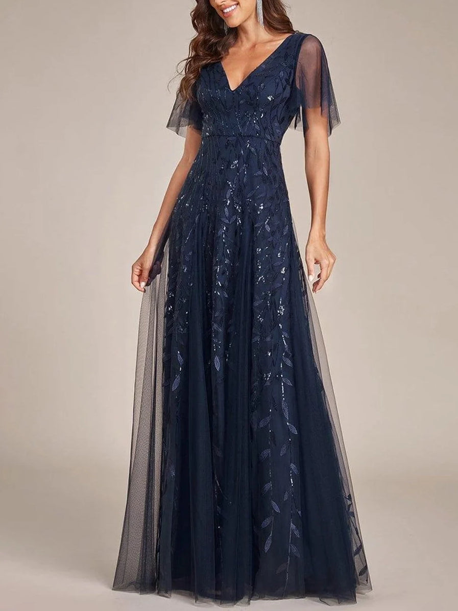 Navy embroidered V-neck A-line tulle evening dress with layered skirt and short sleeves