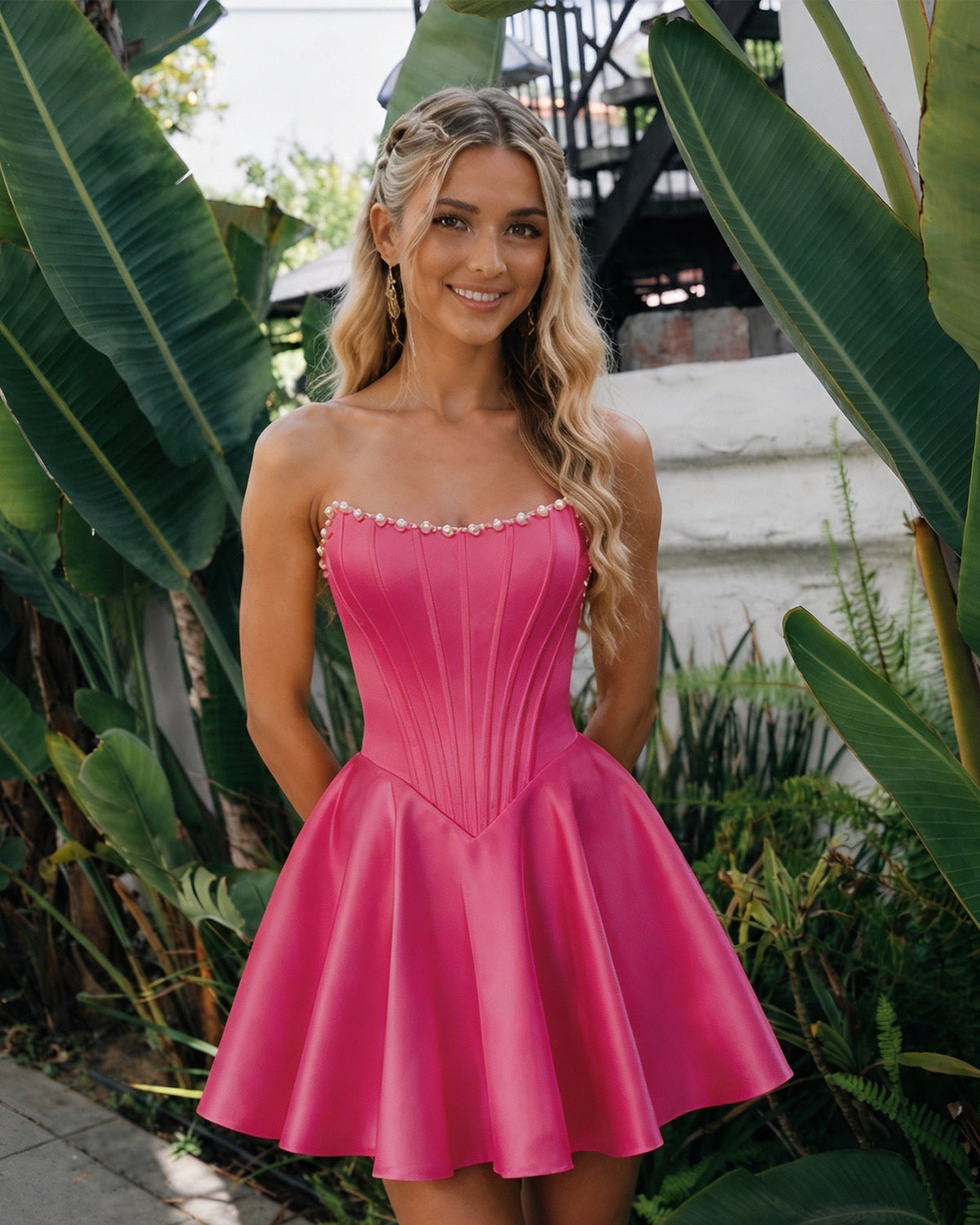 Strapless satin corset homecoming dress, fuchsia with pearl-trim neckline and flared skirt