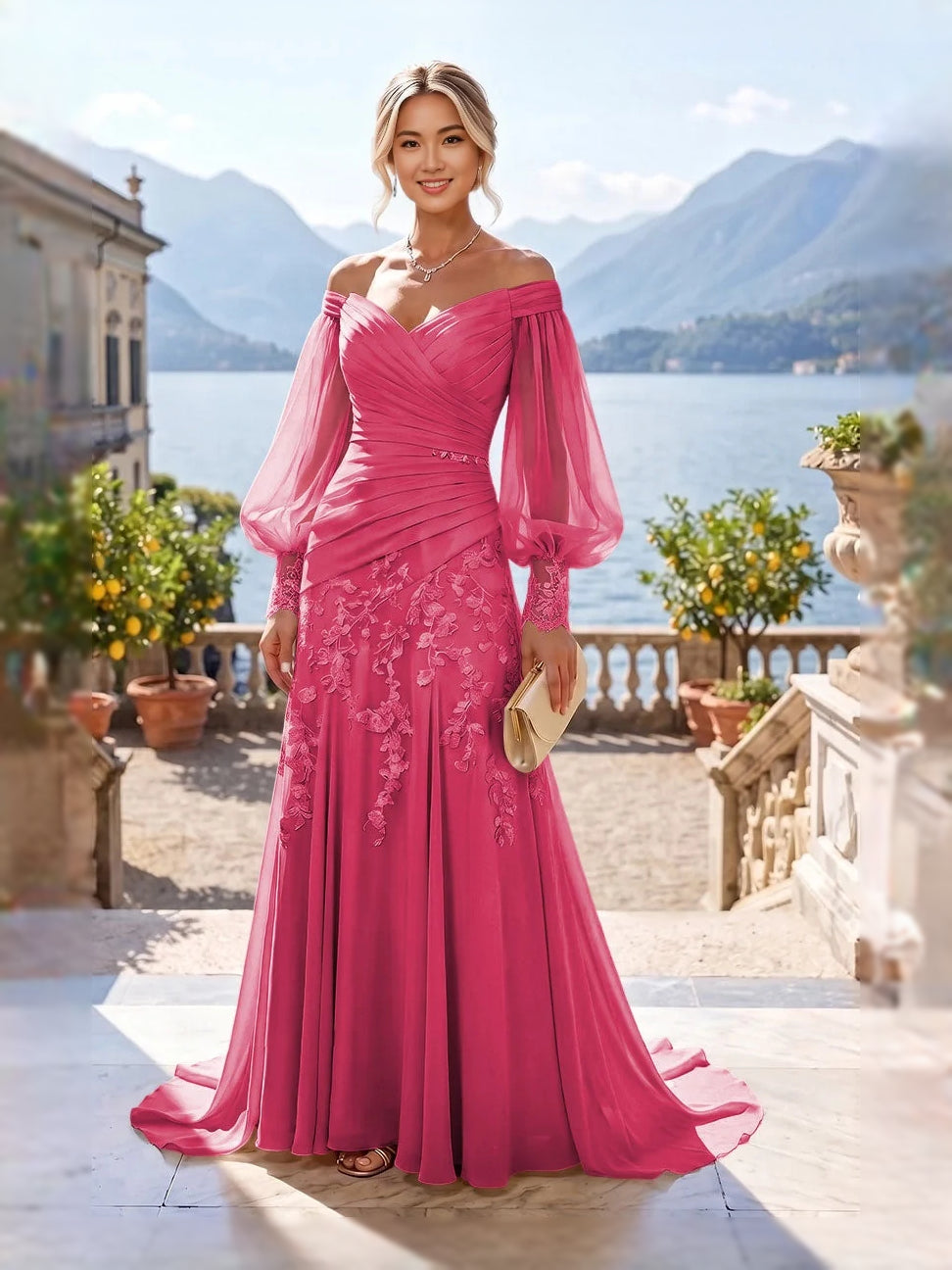 Hot pink ruched off-shoulder mermaid gown with floral lace and sheer sleeves