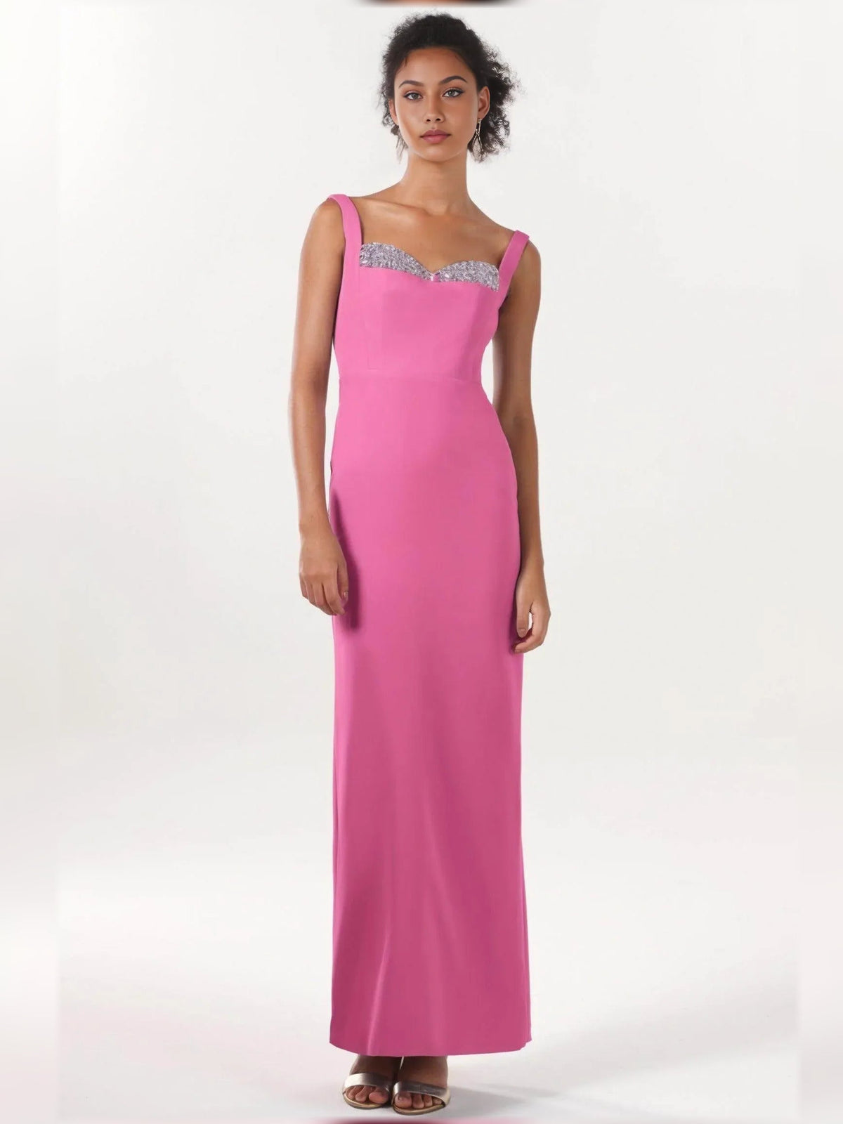 Floor-length sleeveless formal dress with sweetheart neckline and silver beaded bodice, hot pink