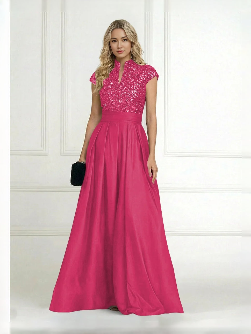 Fuchsia pink sequin bodice A-line satin dress with high neck and pleated skirt