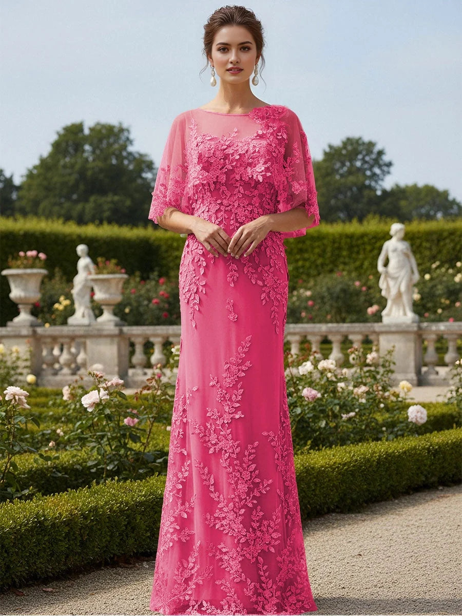 Hot pink tulle mermaid maxi dress with floral applique, bateau neckline, 3/4 sleeves