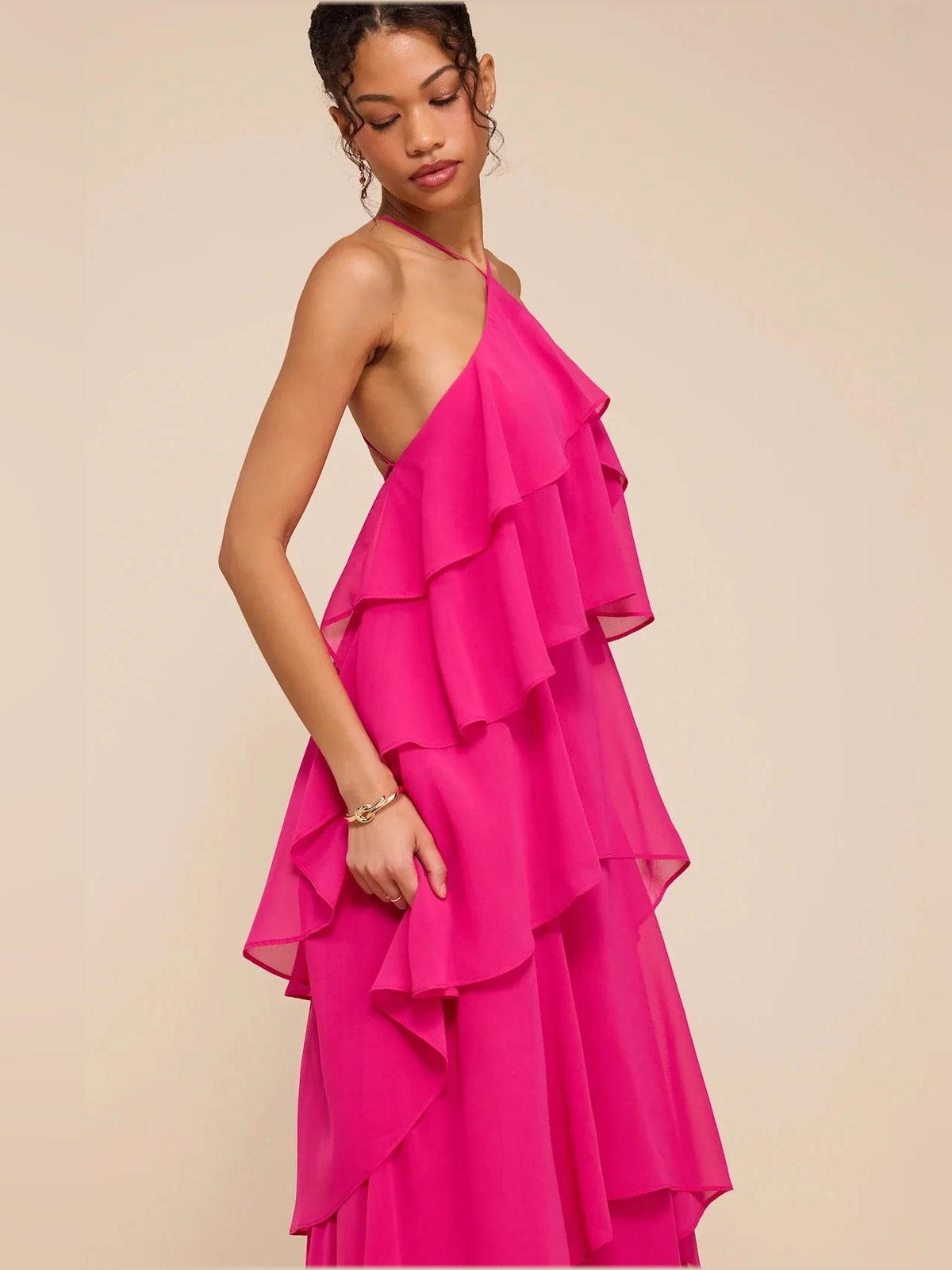 Hot pink tiered ruffle V-neck A-line maxi chiffon dress with thin shoulder straps