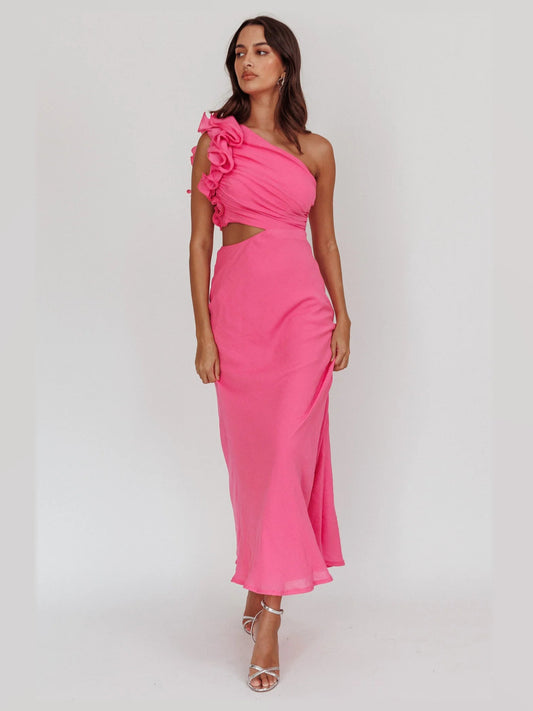Hot pink one-shoulder maxi formal dress with side drape and ruffle shoulder