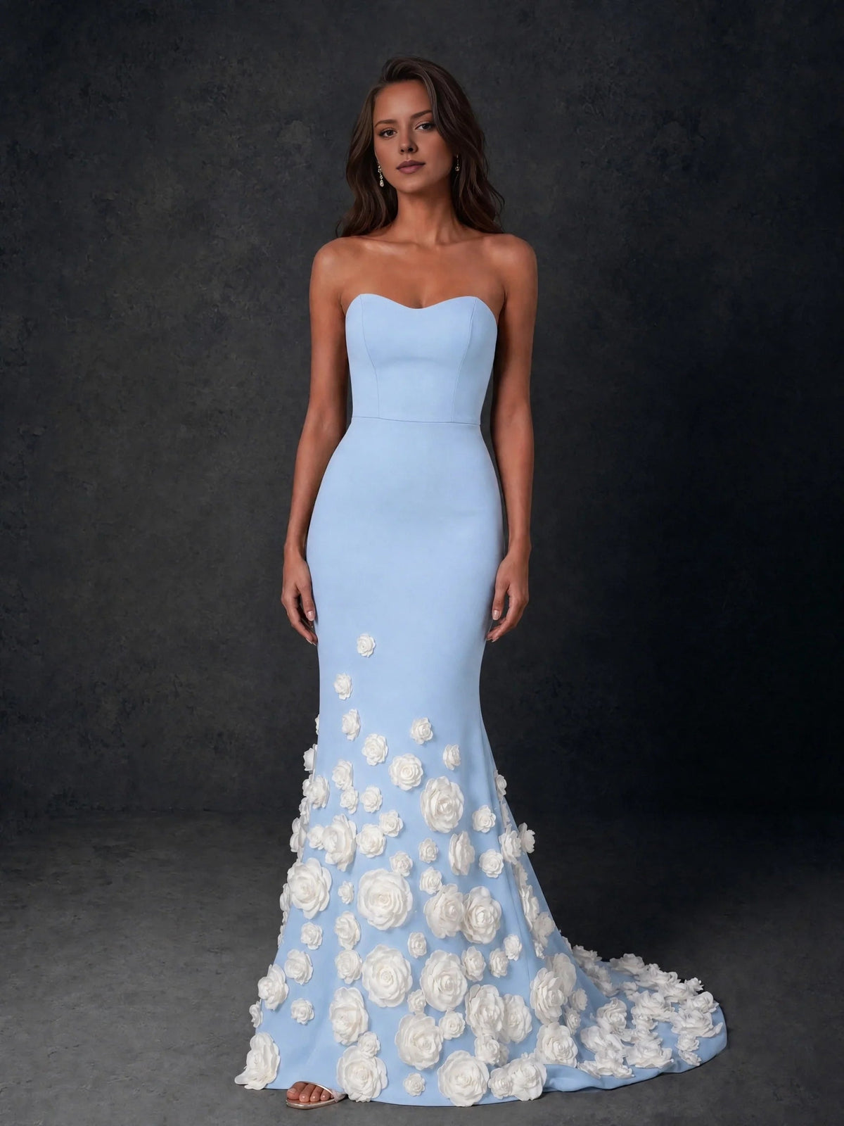 Light blue strapless sweetheart floor-length formal dress with floral appliqués