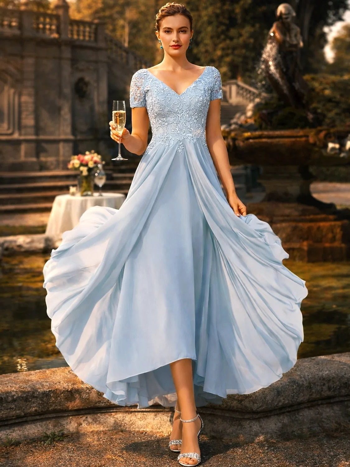 Light blue embroidered V-neck A-line dress with beaded floral bodice and wide skirt