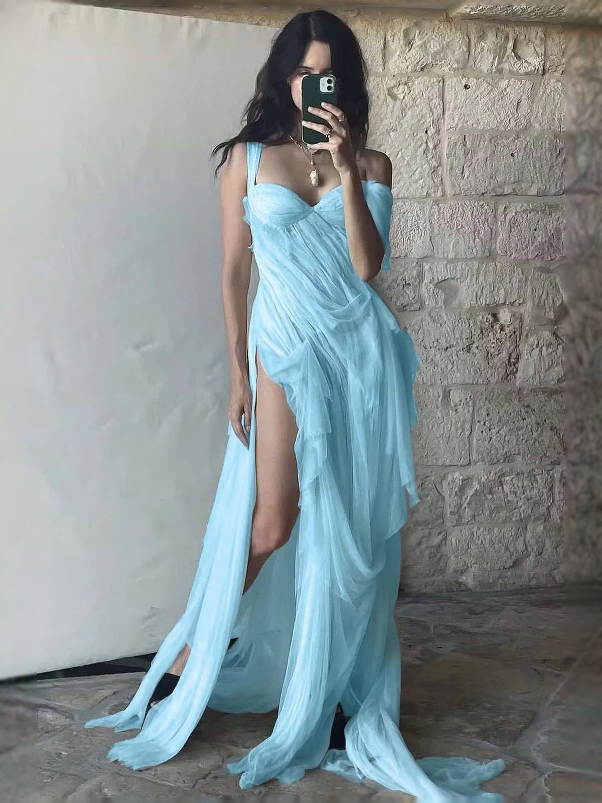 Blue sweetheart draped maxi prom dress with layered skirt and high slit