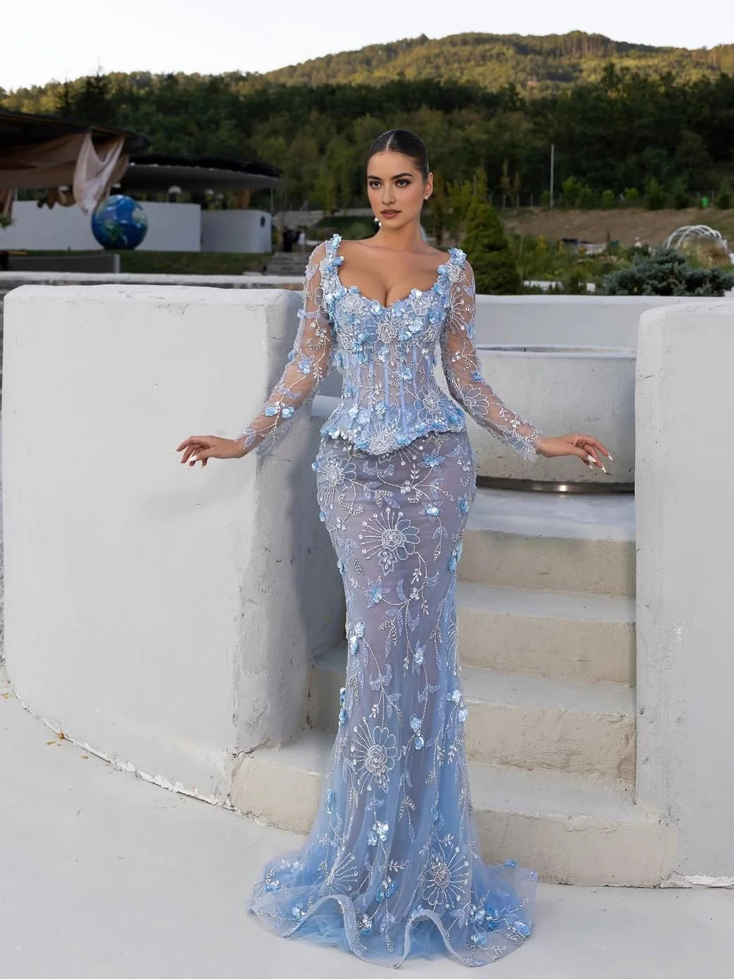 Light blue floral formal dress with sweetheart neckline, long sleeves, floor-length