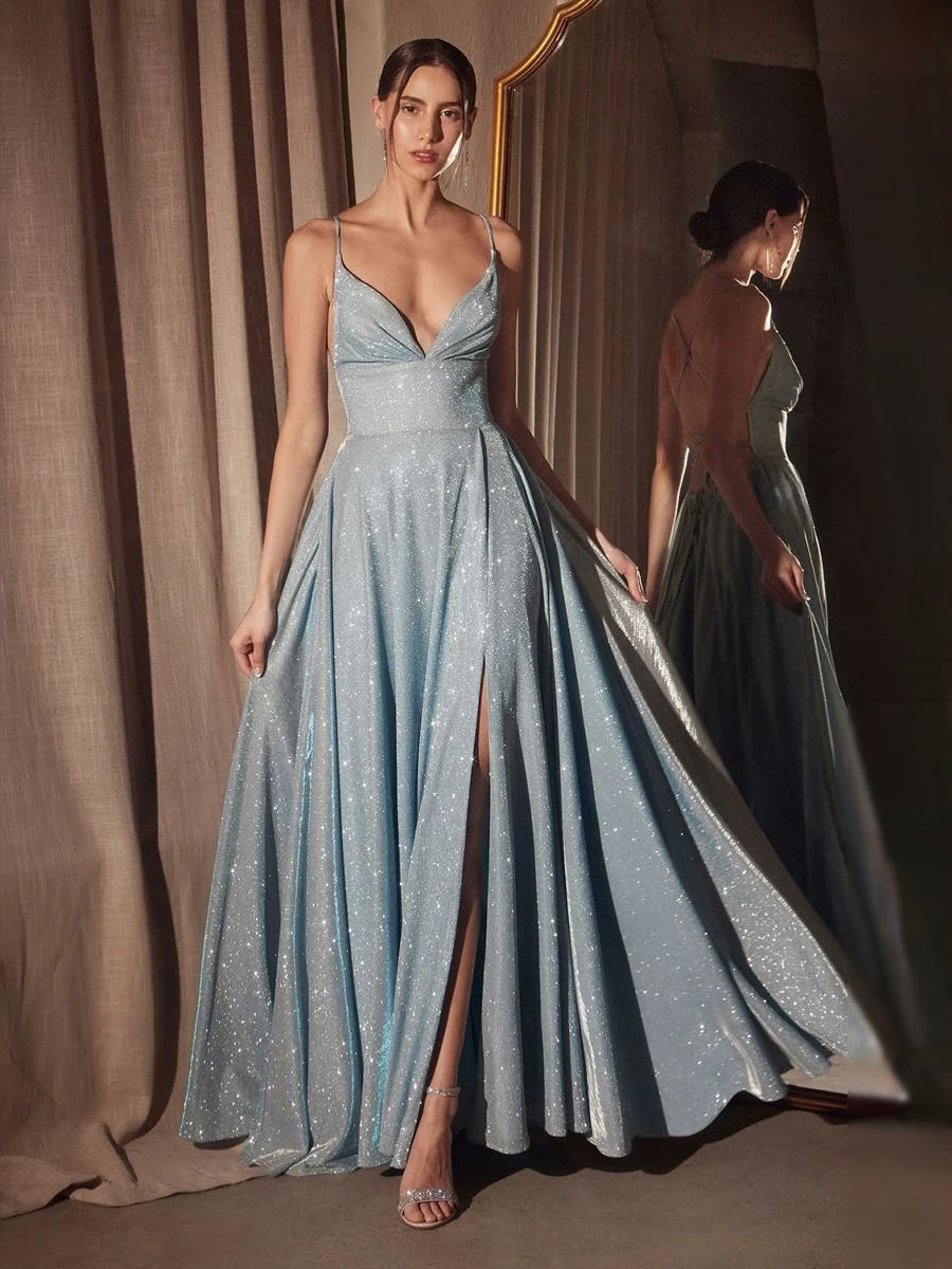 Light blue glitter V-neck A-line prom dress with thin straps and side slit, full length