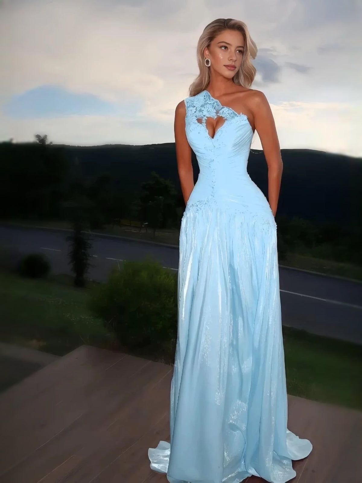 Light blue one-shoulder prom dress with lace cutout bodice and pleated A-line skirt, long