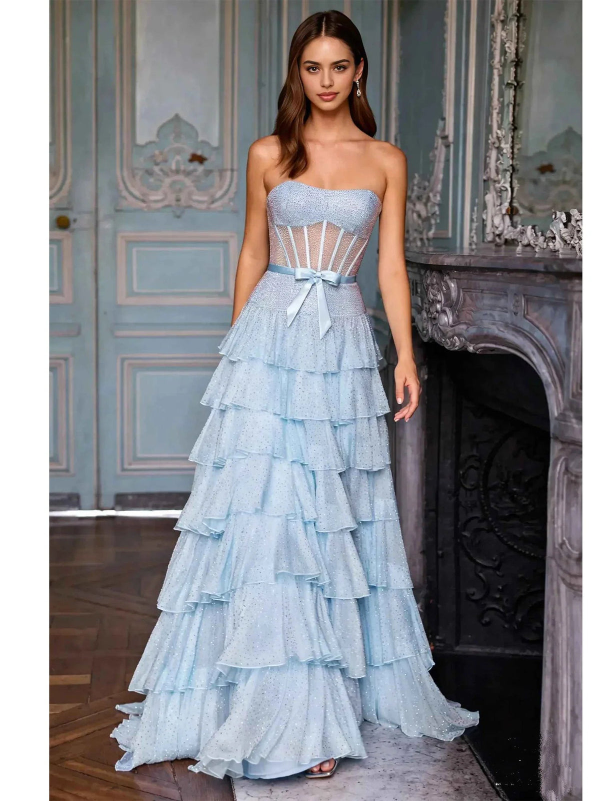 Sweetheart neckline light blue tiered corset dress with waist bow, layered ruffles, floor-length