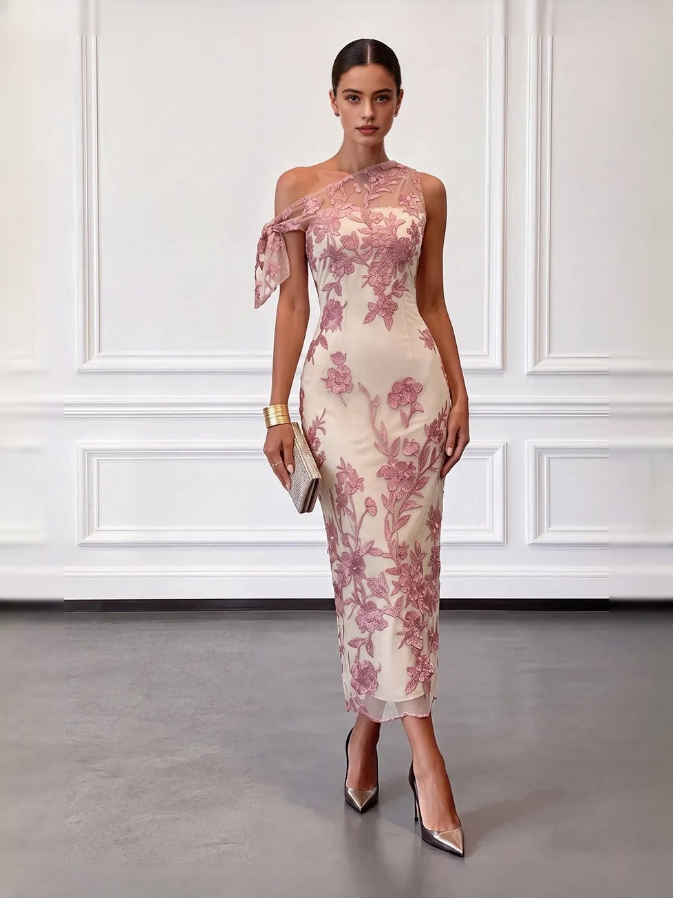 Pearl pink one-shoulder midi mermaid dress with floral applique, high neckline, bow