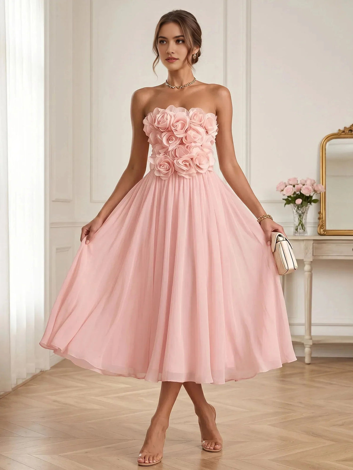 Floral strapless A-line midi chiffon dress in pearl pink with layered chiffon skirt