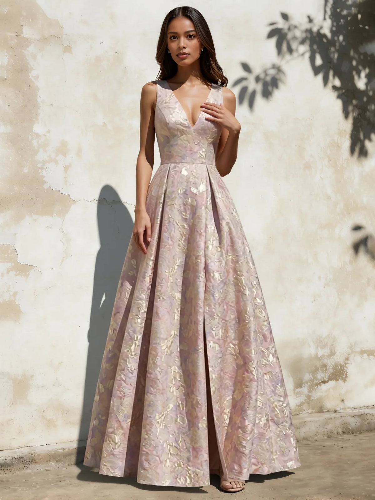 Pink floral V-neck A-line prom dress, sleeveless bodice and pleated skirt front view