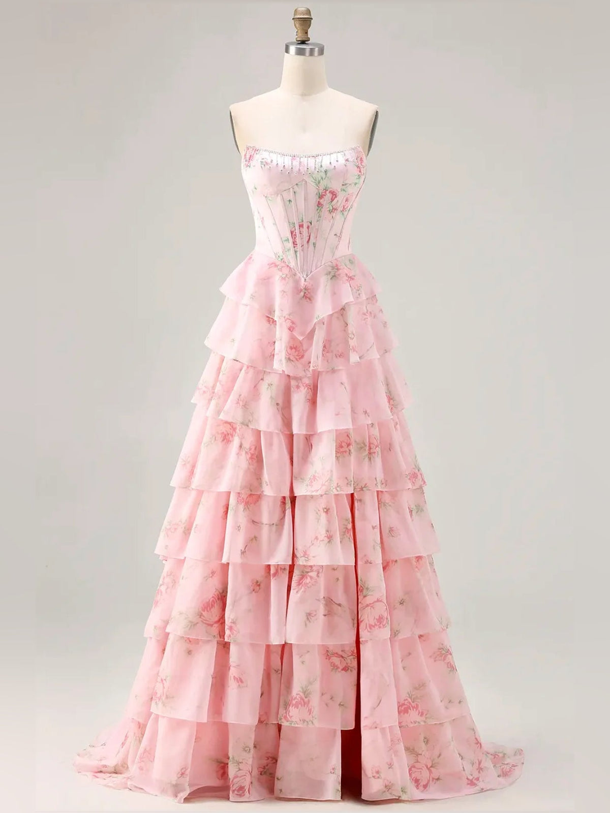 Pink floral tiered ruffle strapless A-line tulle prom dress with corset bodice