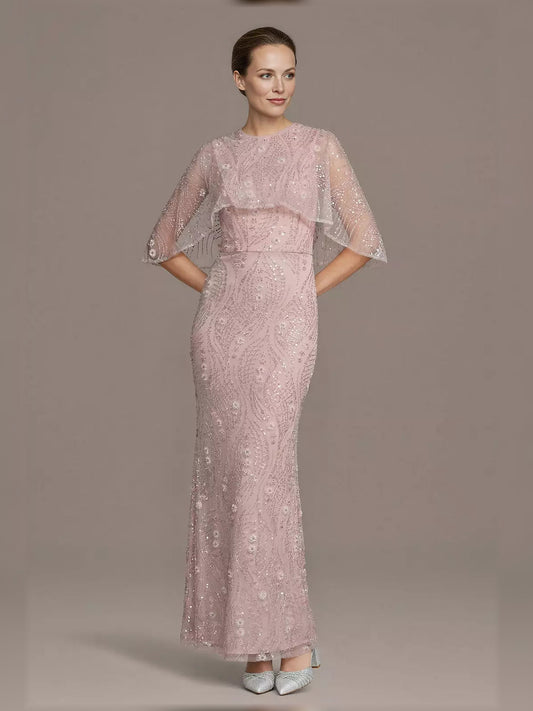 Pink floor-length beaded sheath dress with embroidered floral pattern and v-neck