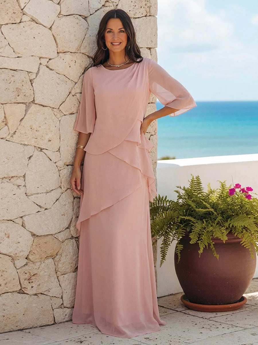 Layered ruffled chiffon A-line dress, peach, 3/4 sleeves, tiered skirt
