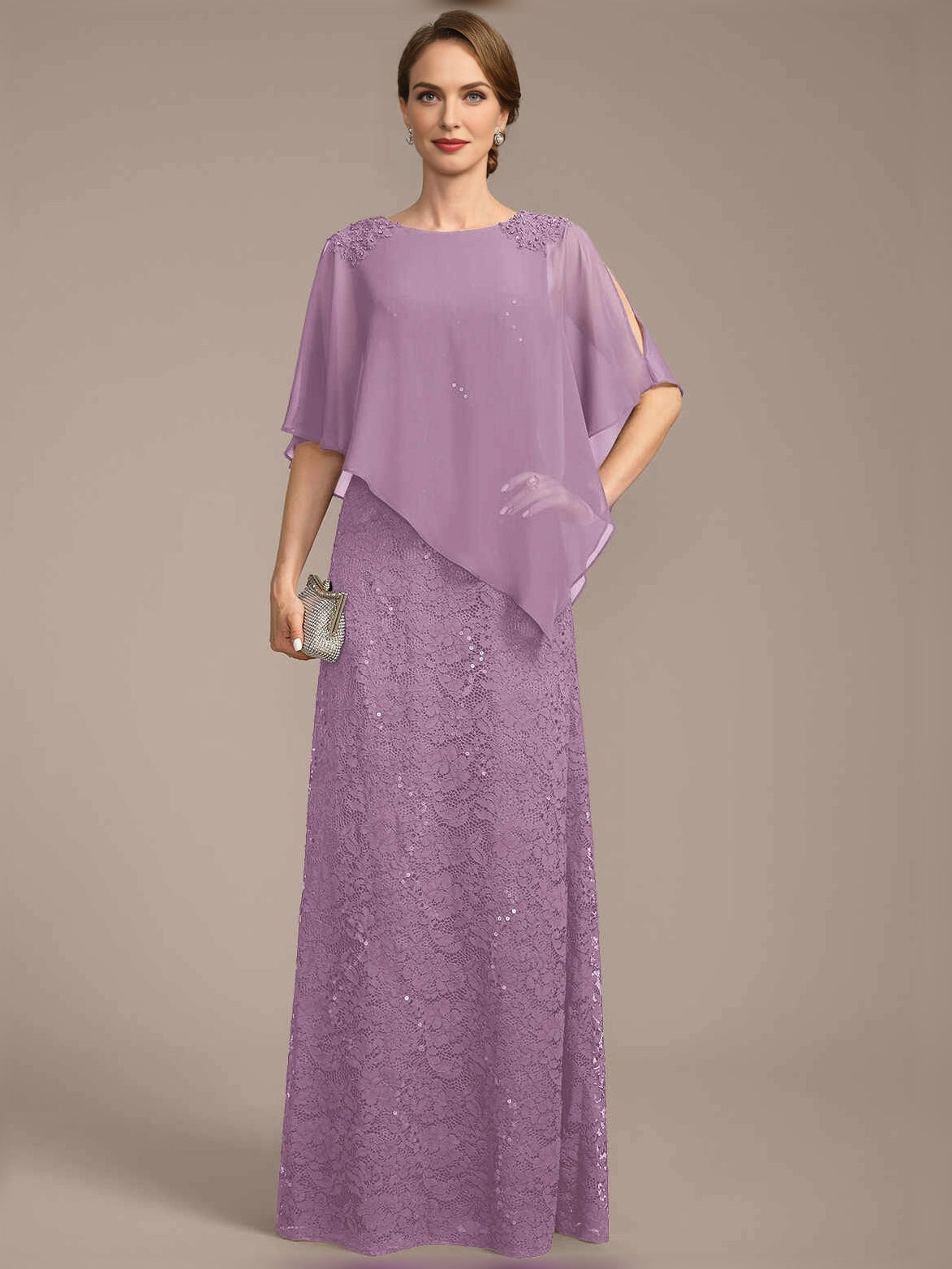 Lavender purple sequin sheath dress with bateau neckline and chiffon drape overlay