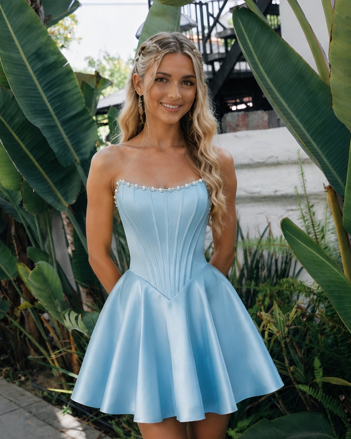 Light blue satin strapless corset dress with pearl trim and flared homecoming skirt