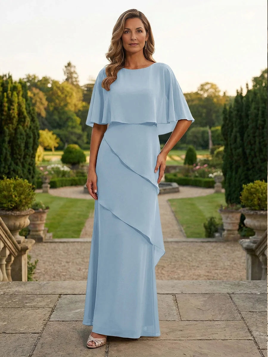 Layered boat-neck chiffon dress, light blue with ruffle overlay