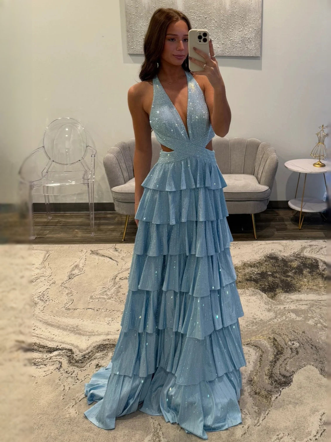 Light blue V-neck tiered prom dress with glitter bead detailing and thigh slit
