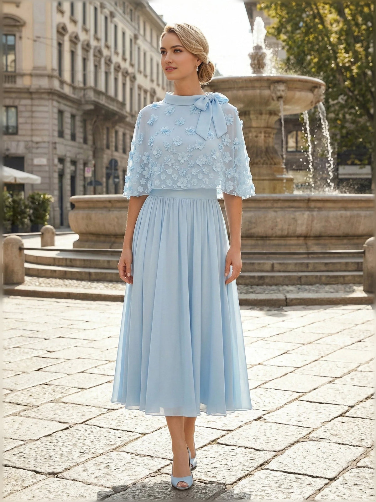 Sky blue chiffon midi dress, bow-tied high neckline, floral lace top, pleated skirt