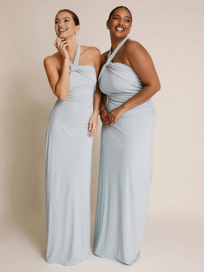 Sky blue halter-neck sheath bridesmaid dress, floor-length with crisscross straps