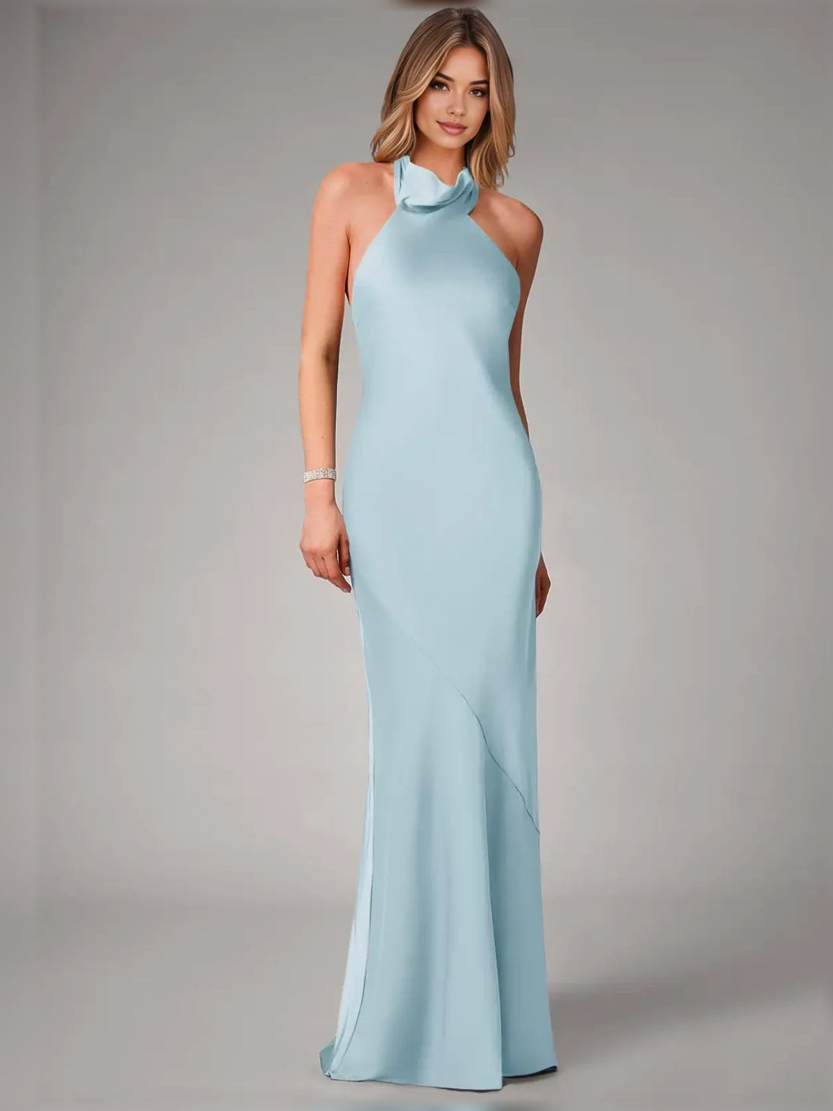 Sky blue satin halter-neck mermaid gown, floor-length
