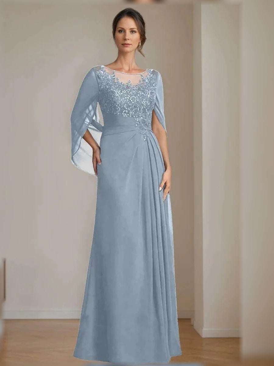 Floor-length mother of the bride dress in light blue, illusion neckline with draped sleeves