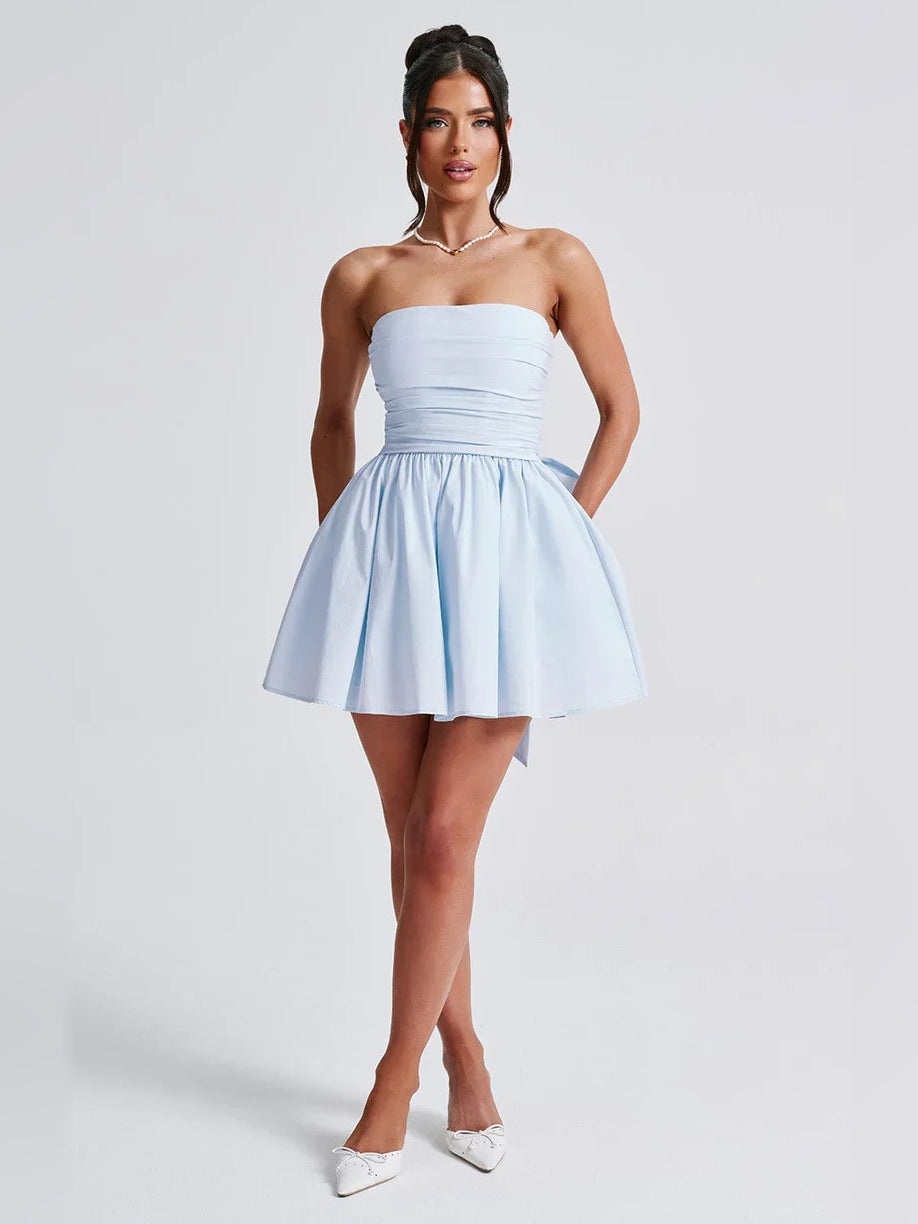 Light blue strapless mini A-line dress with ruched bust and flared gathered skirt