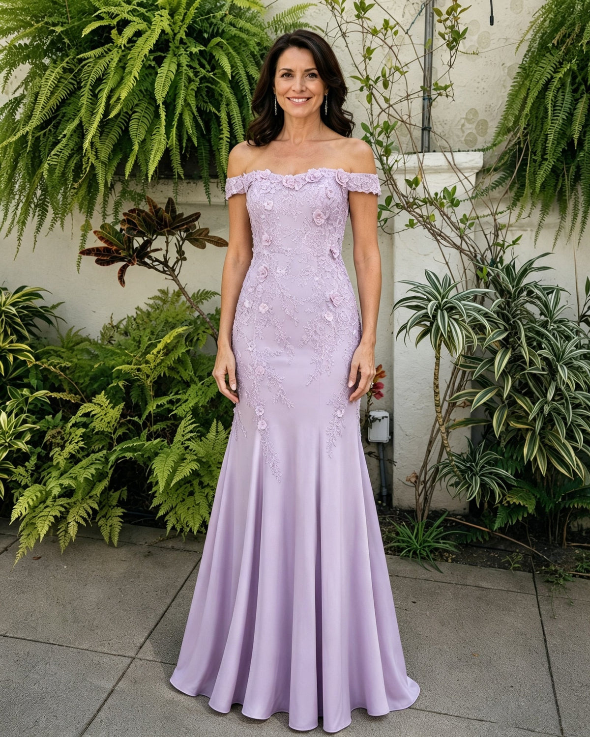 Lavender off-shoulder lace mermaid mother-of-the-bride dress with scalloped neckline