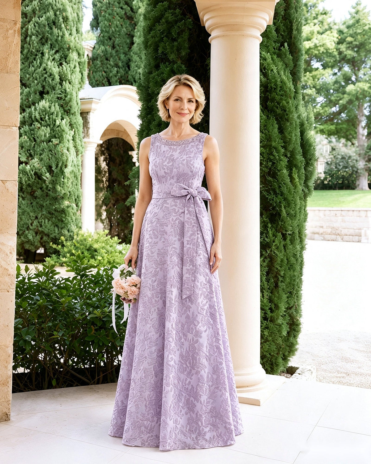 Light lavender sleeveless lace A-line dress with tied sash bow at waist