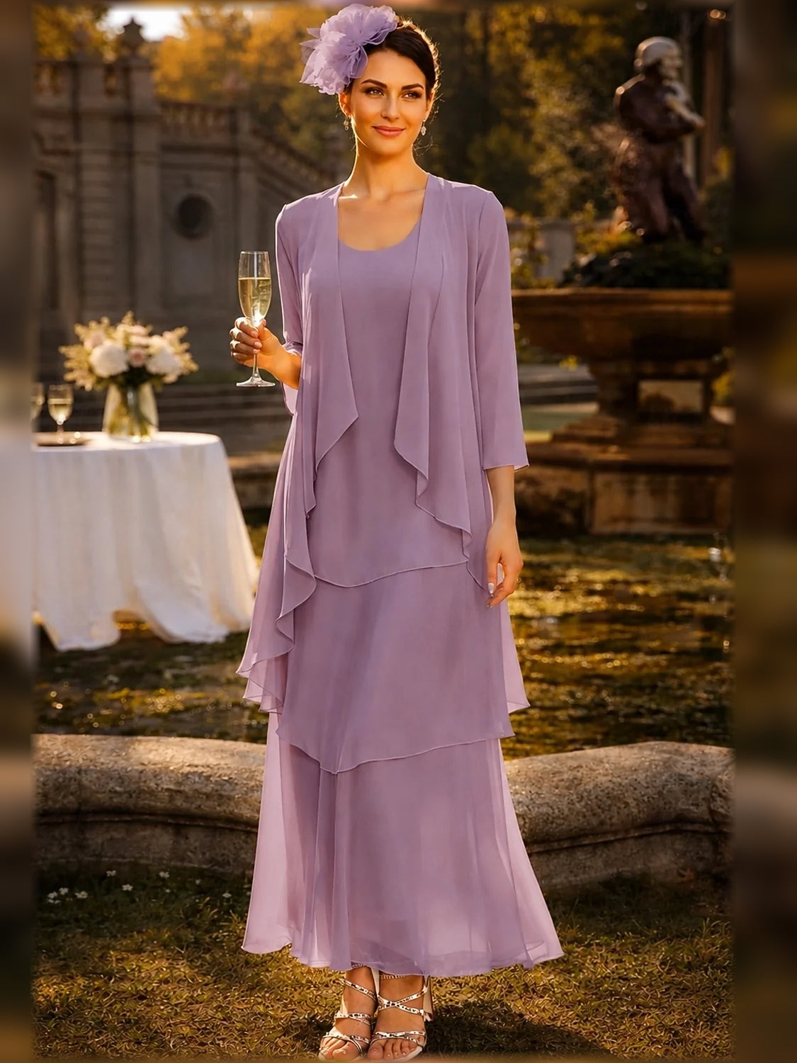 Lavender tiered chiffon A-line maxi dress with scoop neck, layered ruffles, 3/4 sleeves
