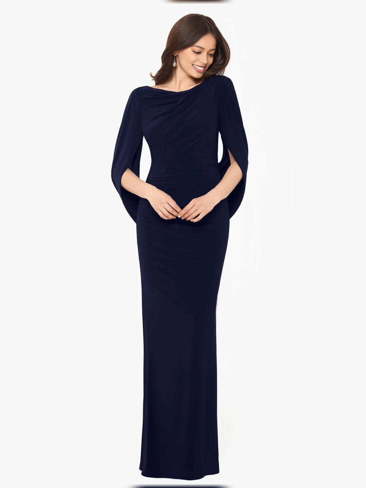 Dark navy draped off-shoulder mermaid evening dress, long sleeves, floor-length