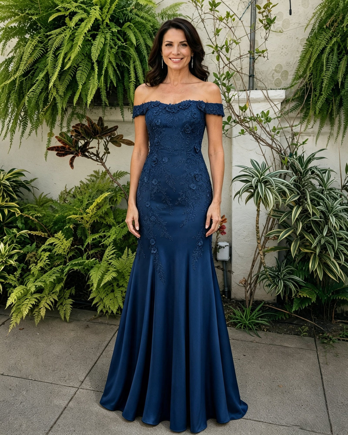 Deep blue off-shoulder lace mermaid mother-of-the-bride dress with scalloped neckline