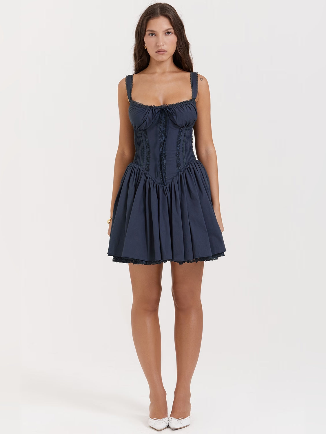 Navy corset mini dress with spaghetti straps, gathered sweetheart bodice, tiered skirt