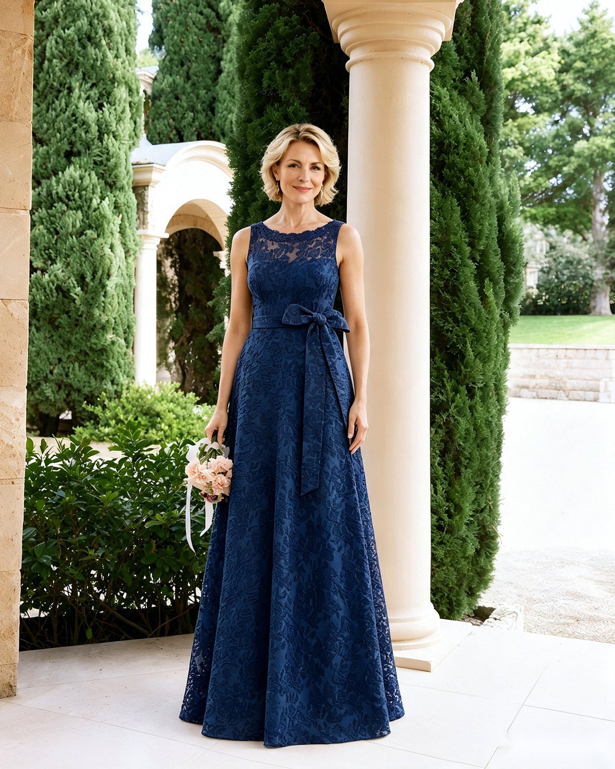 Navy sleeveless lace A-line dress with tied sash bow at waist