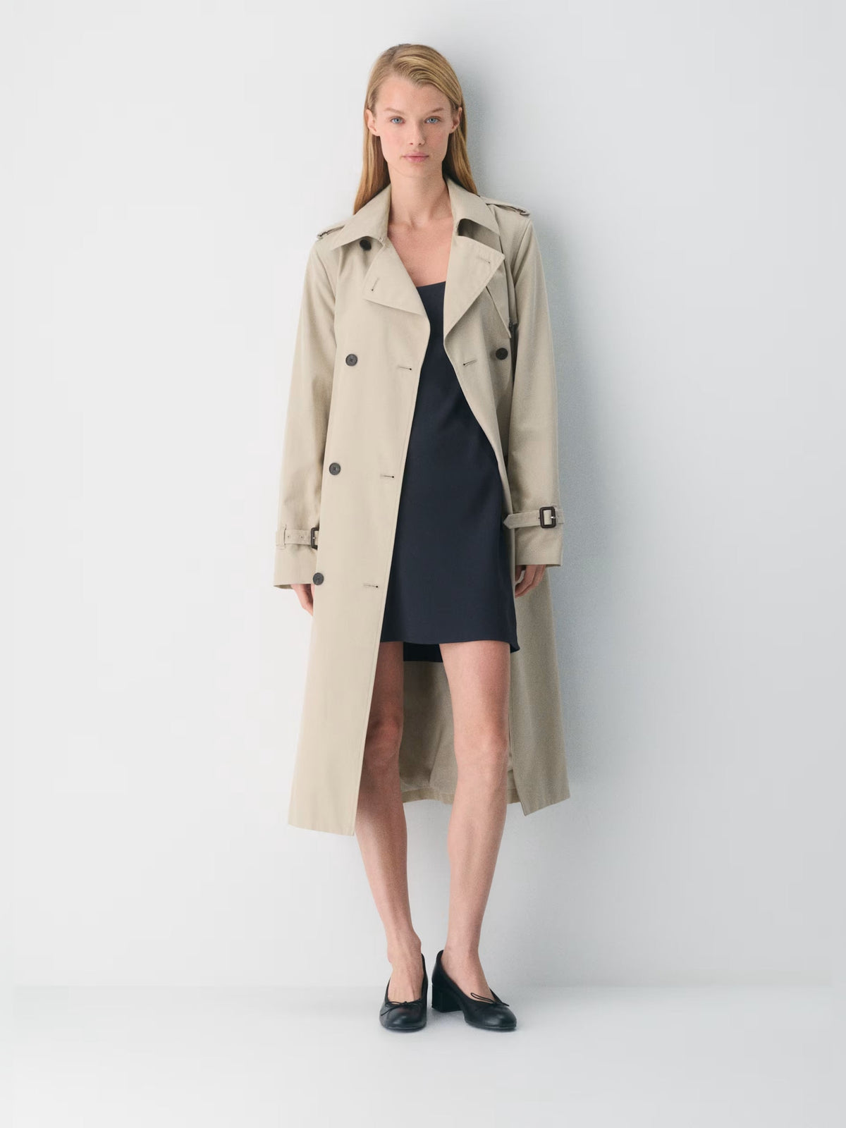 Navy mini crepe dress with spaghetti straps, short flared hem