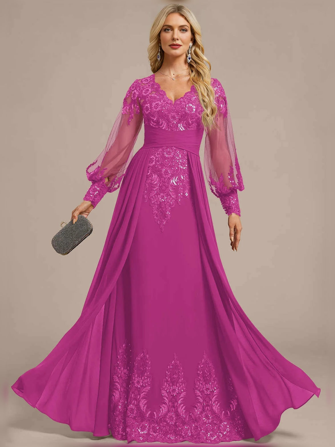 Fuchsia ruched sequin V-neck A-line chiffon mother-of-the-bride dress, long sleeves