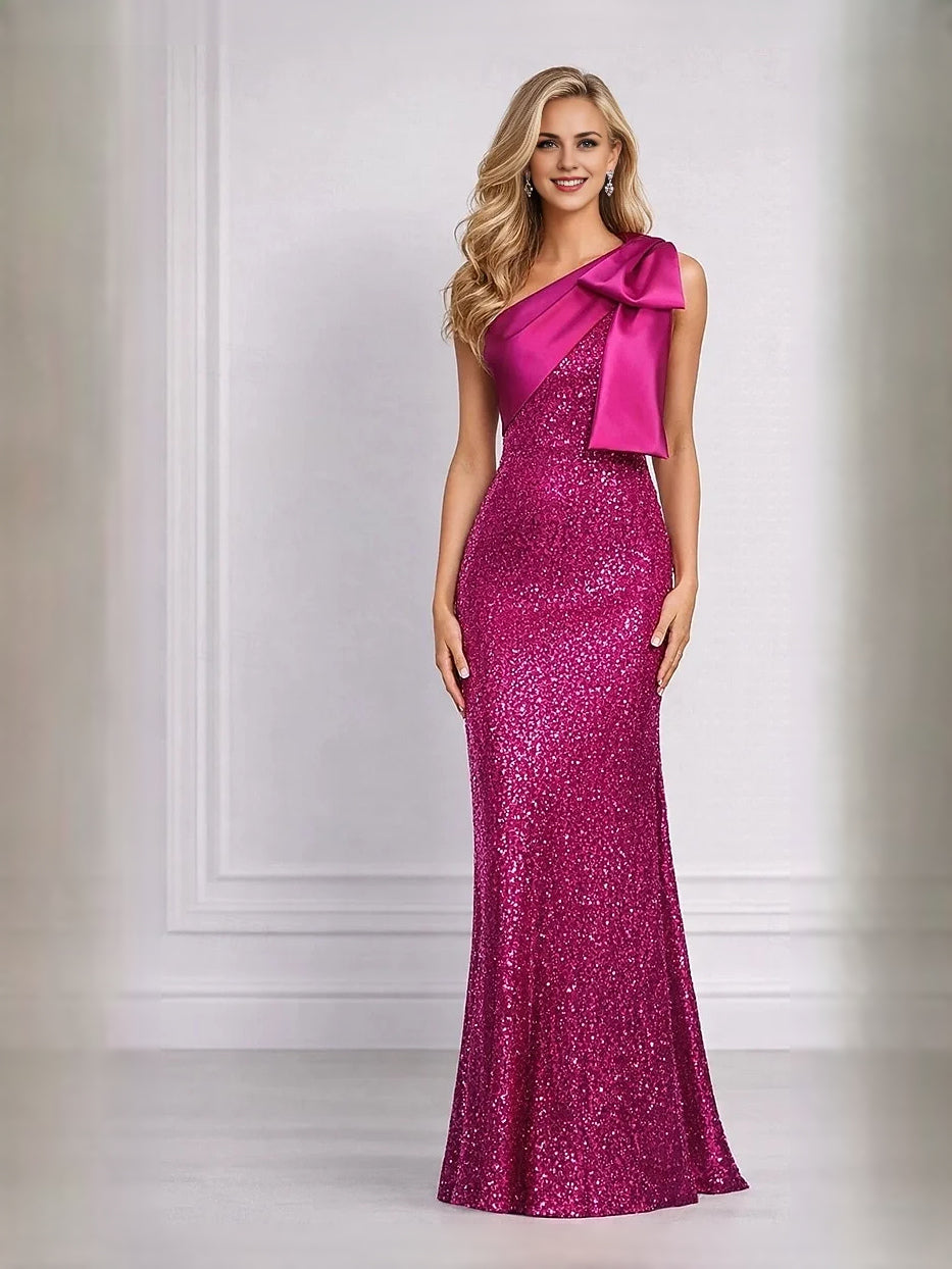 Hot pink one-shoulder sequin mermaid maxi prom dress with large satin bow