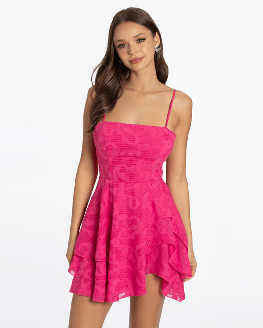 Hot pink square-neck fit-and-flare dress, front view with layered ruffle hem