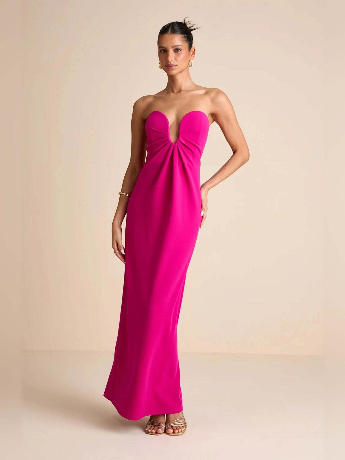 Hot pink strapless V-neck column maxi dress with gathered sweetheart bodice