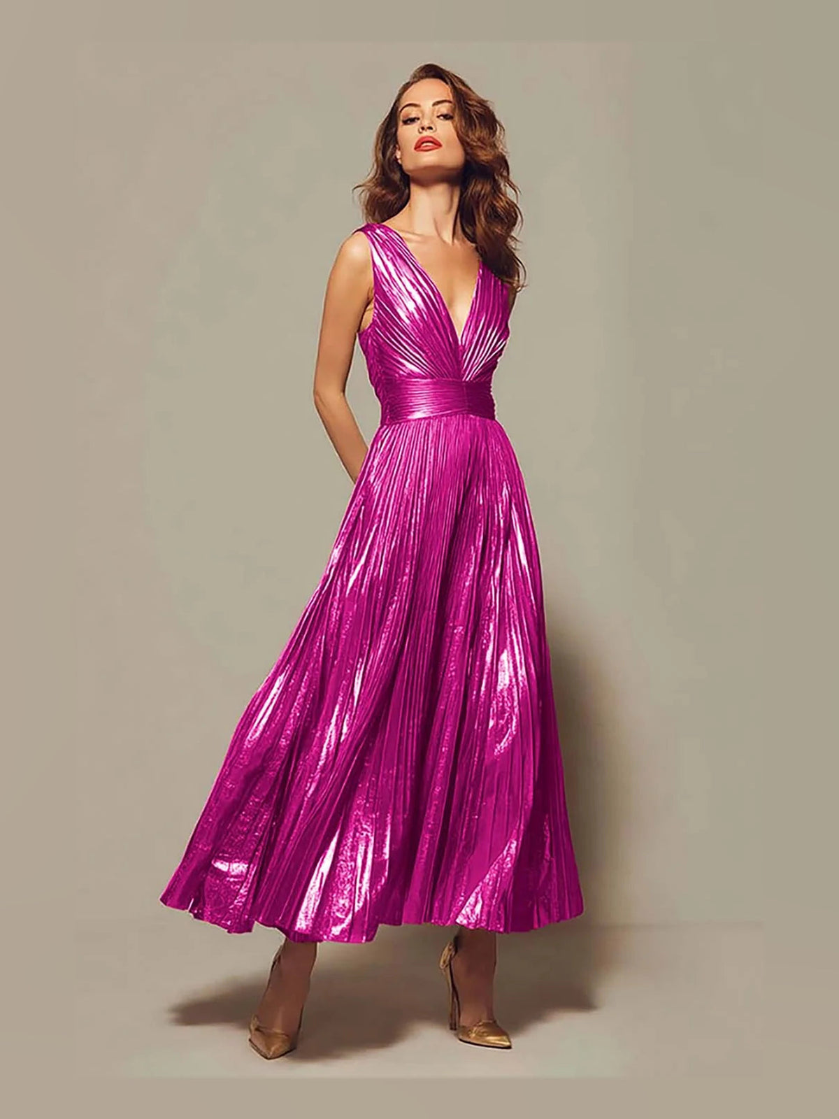 Magenta metallic pleated V-neck A-line prom dress with draped sleeveless bodice