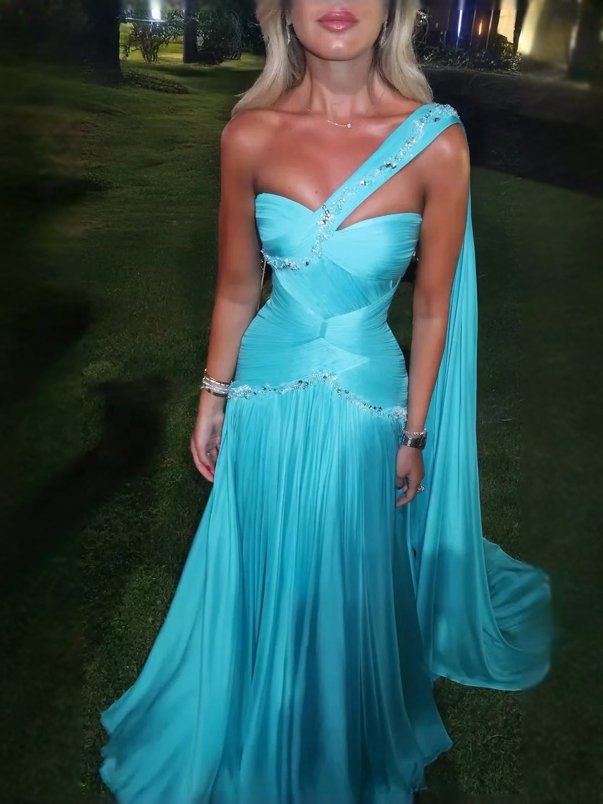 Aqua sweetheart A-line prom dress with pleated skirt, beaded bodice, draped strap