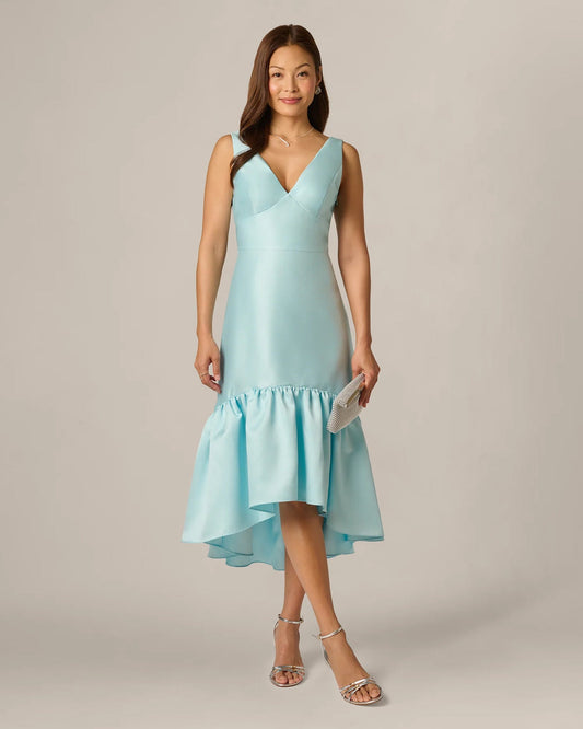 Pale aqua sleeveless V-neck A-line midi dress with tiered ruffle hem and flared skirt