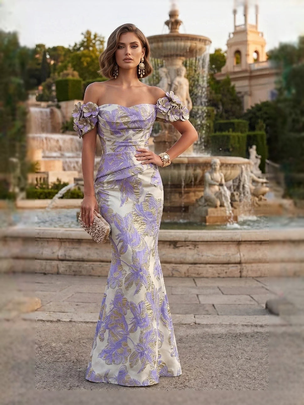 Light blue off-shoulder mermaid gown with ruched bodice and floral applique